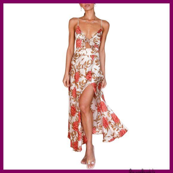 Dresses & Skirts - Spaghetti Strap Satin Midi Dress with Tie Front Backless Slit Cutout